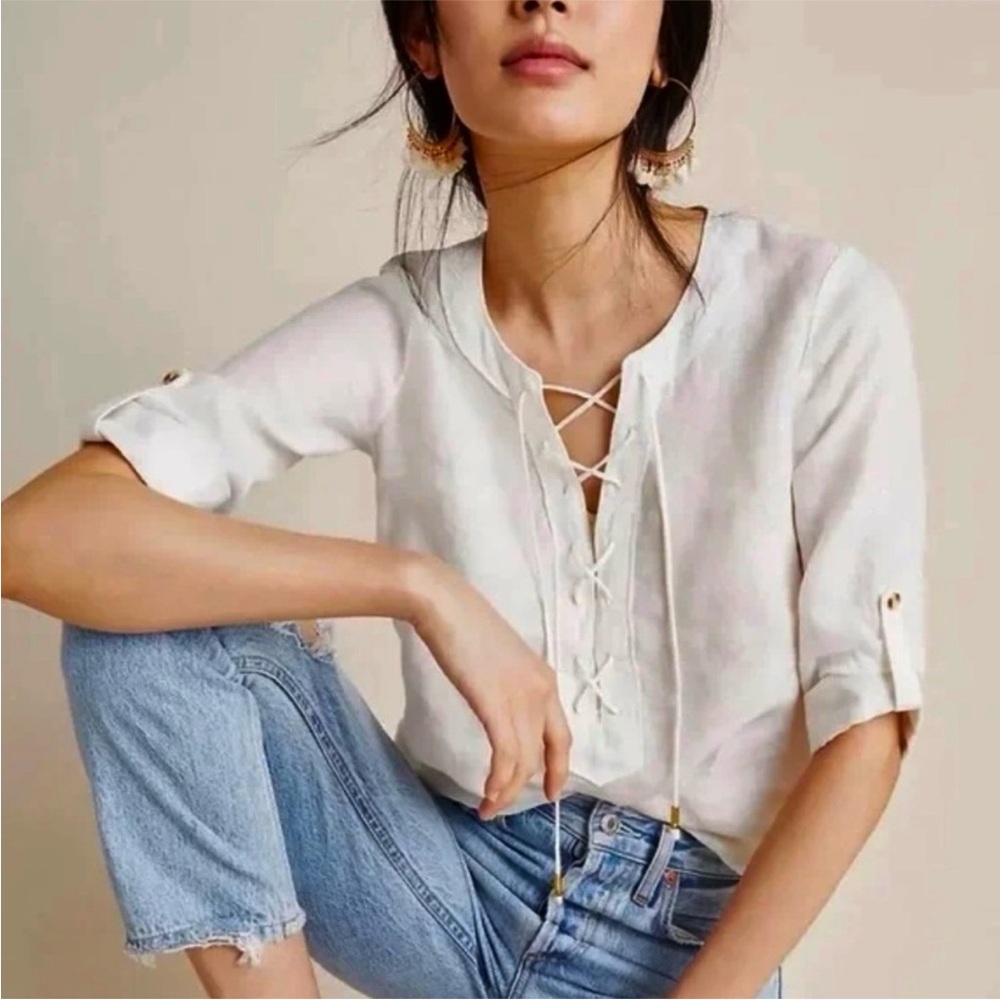 Anthropologie Maeve Marva Cream Lace-Up Blouse Linen Size 26W 3X